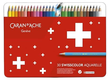 CARAN D ACHE 30 Crayons de couleur Aquarellables Assortis.Sélection Classic et 1 Carte Papier Aquarelle
