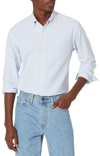 Amazon Essentials Men's Regular-Fit Long-Sleeved Oxford Shirt, Blue Stripes, L