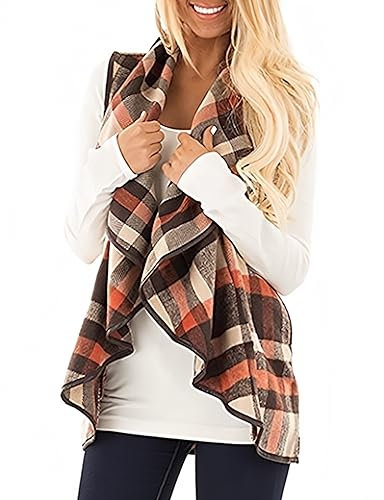 Unidear Damen beiläufiges revers vorne offen plaid-weste-strickjacke-mantel mit taschen mittel braun und orange