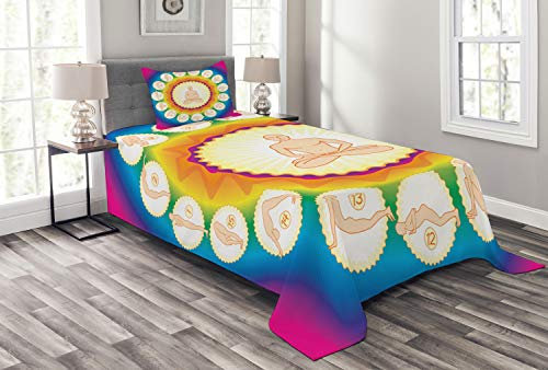 ABAKUHAUS Yoga Tagesdecke Set, Yogi Lotus Haltung posiert, Set mit Kissenbezügen Sommerdecke, für Einzelbetten 170 x 220 cm, Mehrfarbig