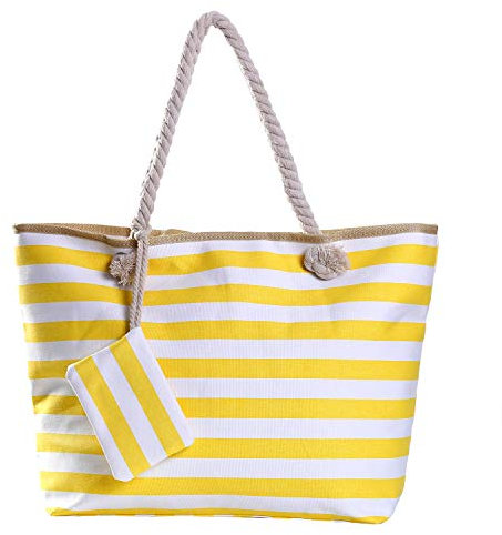 DonDon Grand sac de plage avec fermeture à glissière Sac shopping à bandoulière larges rayures jaunes blanches