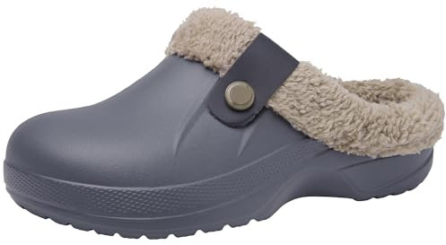 ChayChax Damen Clogs Gefüttert Herren Winter Hausschuhe Wasserdicht Warme Pantoffeln Plüsch Pantoletten rutschfeste Outdoor Winterschuhe, Grau, 40/41 EU