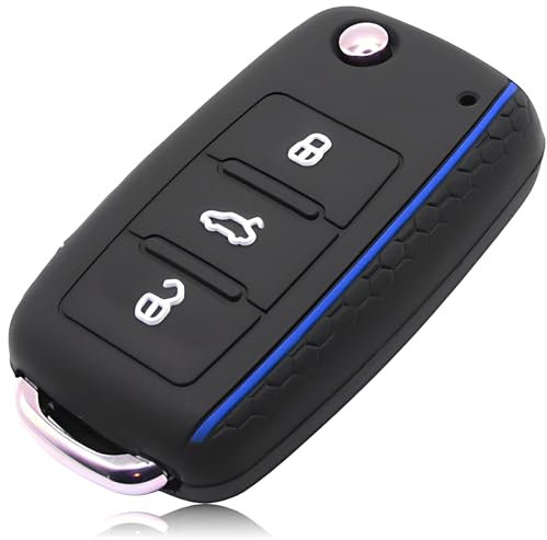 FOAMO Autoschlüssel Hülle Kompatibel mit VW Golf 6, SEAT, SKODA Autoschlüssel Silikon-Hülle Schlüssel-Hülle Schutz-Hülle für Autoschlüssel Schwarz Blau