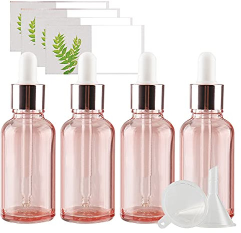 TIANZD 4 Pièces 30ml Flacons en Verre Rose avec Pipettes, 30 ml Bouteilles Compte-gouttes en Verre Vides avec Bouchon à Vis Rose Pour Les Huiles Essentielles Aromathérapie