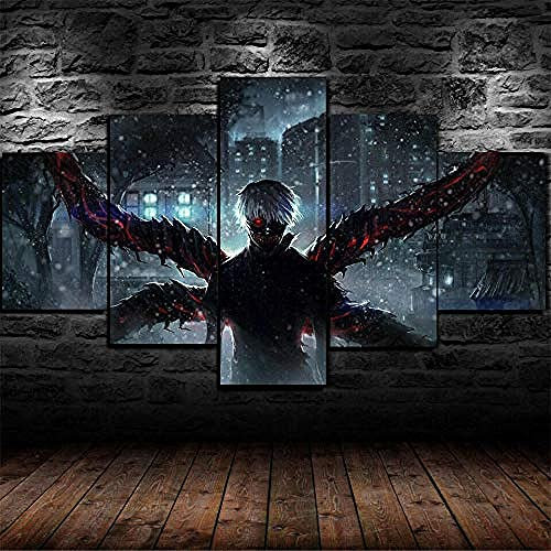 YUANJUN Mit Rahmen Vlies Leinwanddrucke 5 Teilig Kunstdruck Leinwand Bild XXL Format Wandbilder Wohnzimmer Wohnung Deko Gerahmtes Tokyo Ghoul Anime Ken Kinki Poster
