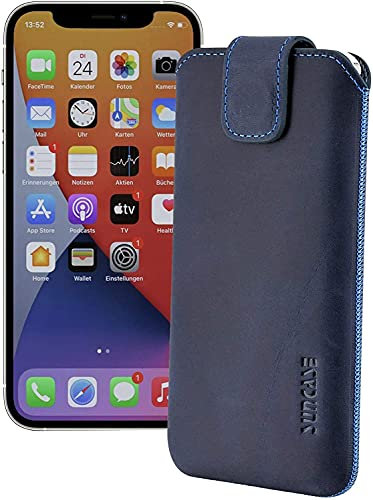 Suncase ECHT Ledertasche Leder Etui *Slim-Edition* kompatibel mit iPhone 13 Pro Max (6.7) Hülle (mit Rückzugsfunktion und Magnetverschluss) in Pebble-Blue