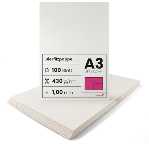 Netuno 100 feuilles de feutre de bière A3 297x420 mm 1 mm (430g) carton à bière idéal pour sous-bocks dessous de verre passe-partout travaux manuels travaux de reliure puzzles jeux de société