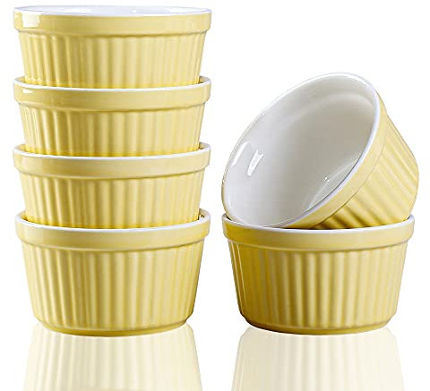 YAZYLIFE Ramekins 6oz Oven Safe,Creme Brulee Ramekin and Souffle Dishes,Porcelain Baking Bowls,Dipping Sauce Dish.Pudding Cups,Set of 6,Yellow.