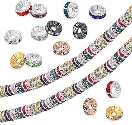 ASTER 200 Stück 7mm Zwischenperlen Strass Rondelle Spacer Perlen, Flache Runde Strasssteine Metallperlen Unterlegscheiben, Mischfarbe Lose Perlen für Armbänder DIY Schmuckherstellung Ohrringe