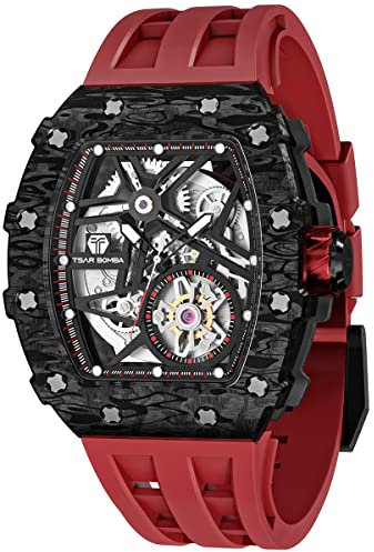 TSAR BOMBA Herrenuhr Automatik Carbon Fiber Uhren Herren- Japanisches Mechanische Uhrwerk-Saphirglas - 50M Wasserdicht-Lünette aus Kohlefaser-Silikonarmband-Luxus Leuchtend Quadratische Uhr