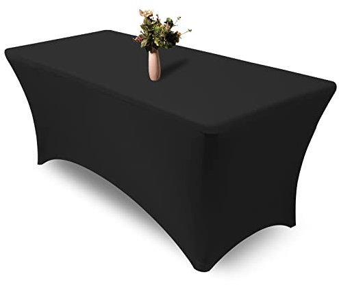 PLULON 6FT Schwarze Tischdecke rechteckige taillierte Stretch-Tischdecke waschbare elastische Spandex-Tischdecke Tischschutz Abschluss Terrasse Picknick Hochzeit Geburtstag Bankett Tischdekoration