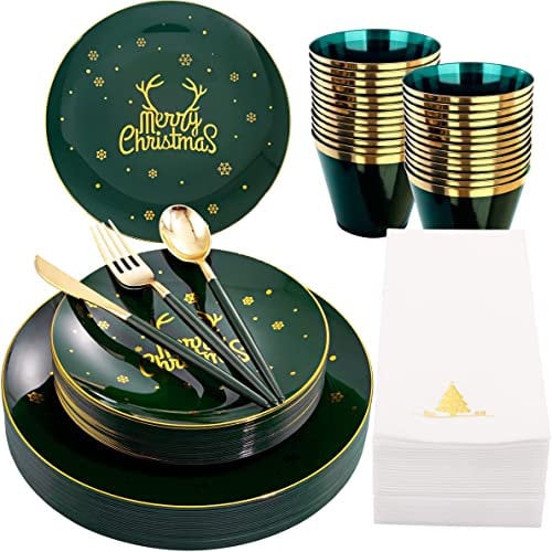 KAHEIGN 175 Piezas Reutilizable Vajilla Navide?a de Plástico Verde con Borde Dorado - 25 Platos Llano, 25 Platos Ensalada, 25 Cuchillos, 25 Tenedores, 25 Cucharas, 25 Servilletas para 25 Invitados