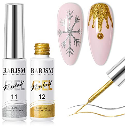 RARJSM Nail Art Liner Gel Polish Glitter Silver and Gold 2PCS Set Soak off Curing Requires 8ml Build in Thin Brush for Home Salon Diy Nail Decoration