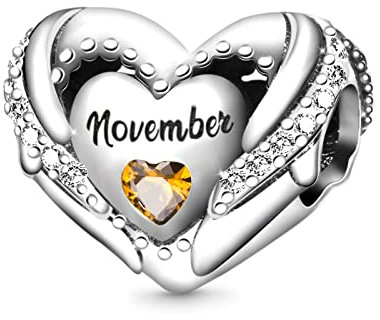 GNOCE Geburtsstein-Charm für Charms-Armband 925er Sterlingsilber Liebes-Herz-Perle Alles Gute zum Geburtstag Charms für Armband/Halskette Geschenk (November)