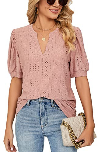Tee Shirt Femme Ete avec Col en V Chemisiers et Blouses à Manches Courtes à Volants pour Femme Haut Top Femme Chic et Élégant (B-Rosa,L)