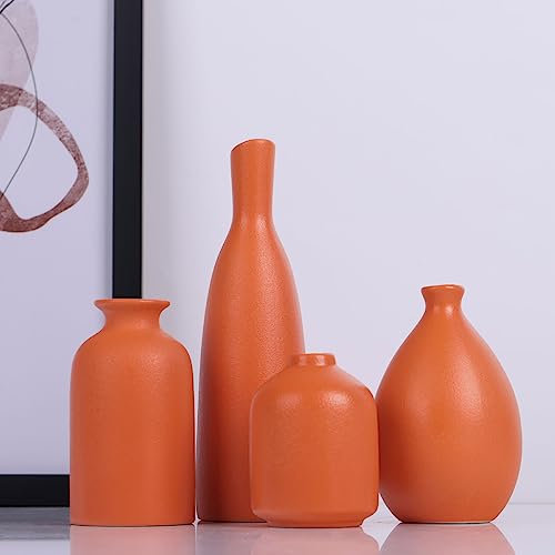 Juego de 4 jarrones de cerámica naranja, estilo granja, decoración de repisas y estantes, sala de estar, baño, oficina y más