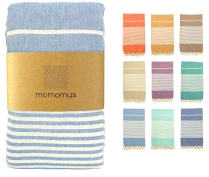 MOMOMUS Fouta XXL, Sandfrei, mit Fransen - Großes Strandtuch XXL, aus Baumwolle, Sandabweisend - Ideal für Picknicks am Strand - Hellblau 210x240 cm