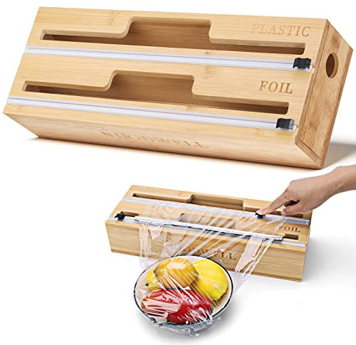 Bambus Folienabroller, 2-in-1 Folienschneider, Folienspender Mit Cutter, Aluminiumfolienspender für Küchenschubladen/Wandmontage (natürlicher Bambus, 2 Schlitze)