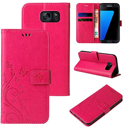 LBH Handy Hülle für Samsung Galaxy S7 Edge Case Handytasche Schmetterling Blumen Flower Standfunktion Schutzhülle Magnet Rundum Schutz 360 Grad Flipcase Cover Pink