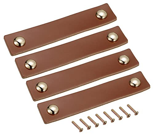 QUARKZMAN Leder Schubladengriffe 5.4 4Stk Leder Möbel Handgriff Schubladenknöpfe Griffe mit Schrauben für Kommoden Schubladen Schrank Koffer Braun/Gold