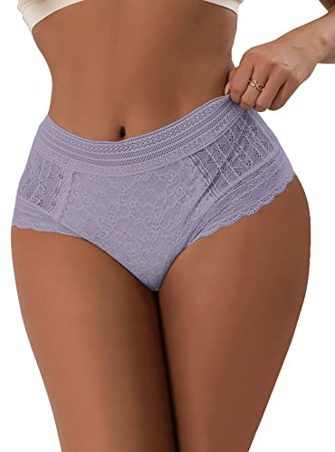 comeondear Donna Panties Fodera Cotone Vita Alta Tanga Sexy Chic Slip Pizzo Intimo Grande Taglia(Viola,M-L)