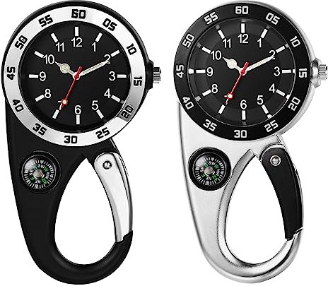 JewelryWe Karabineruhr Taschenuhr mit Karabiner Kompass - 2pcs Silber/Schwarz Clip On Uhr mit Leuchtenden Zeiger Kompass Analog Quarz Uhr Sportuhr für Ärzte Krankenschwestern Sanitäter Köche