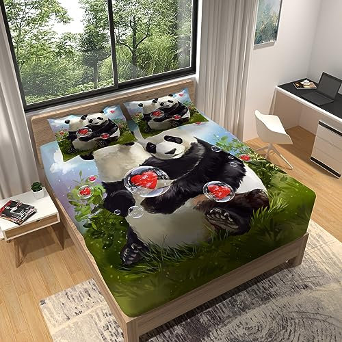 Spanbettlaken 180x200 GrüNes Herz Spannbetttuch Panda Bettlaken Boxspringbett mit Gummizug Spannbettuch Mikrofaser für Matratzen von 30 cm Mit 2 Kissenbezüge 80x80 cm