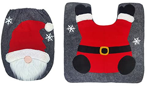 Samuliy WC Deckelbezug Set mit Weihnachtsmann Schneemann Rentier - WC Sitzbezug und Teppich - Weihnachts WC Sitzbezug und Teppich Set - Badezimmer Set mit Weihnachtsmann Toilettensitzbezug und Matte