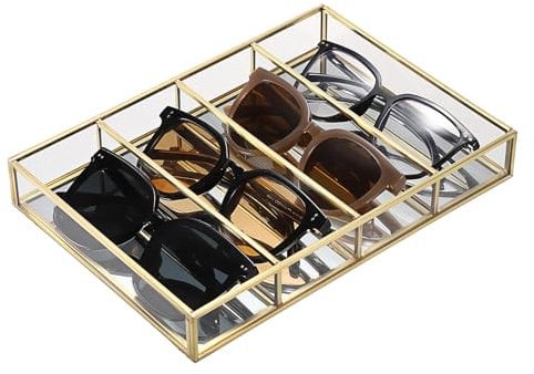 SUMTree 4 Slots Sunglasses Organiser Box Gold Glass Eyeglasses Storage Box Glasses cases with Mirror Bottom Vintage Sunglasses Case for Drawer Dresser Closet, 25 * 18 * 3.5cm