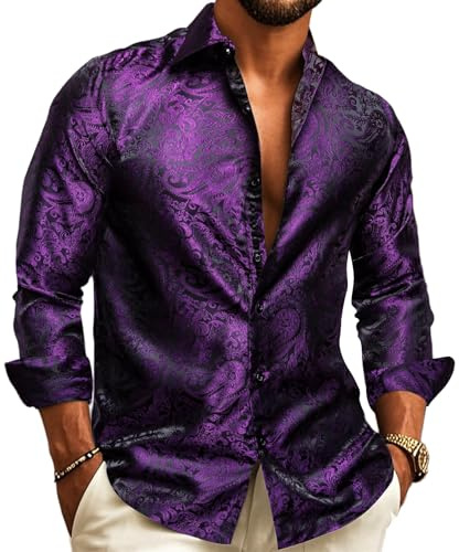 YOHOWA Men's Silk Paisley Long Sleeve Button Down Shirts Disco Mexico Prom | Designer Vintage Floral Jacquard,Luxury Classic 70s,Casual,Business,Button Up Fancy Dress,Lightweight,Untucked,Wedding,Party