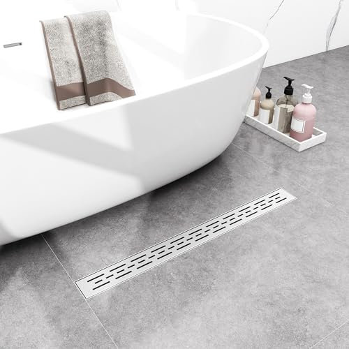 HAPAOSO Caniveau de Douche Acier Inox Siphonné avec Appareil désodorisant et Filtre à Cheveux, Siphon Sol d'évacuation à Carreler pour Salle de Bain 50cm