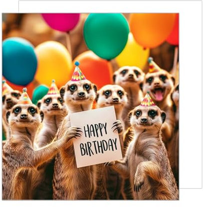 Edition Seidel Premium quadratische Geburtstagskarte mit Umschlag. Glückwunschkarte Happy Birthday Billet Tier Karte Mann Frau Kinder Coole Erdmännchen Bunte Ballons (GQ175 SW024)