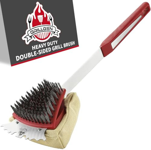 GRILLGEN Grill Brush and Scraper, BBQ Cleaning Brush for Outdoor Grill, Unique Heavy Duty Double Sided Grill Brush and Sraper, BBQ Cleaning Accessories for Porcelain, Cast Iron, Stainless Steel Grates