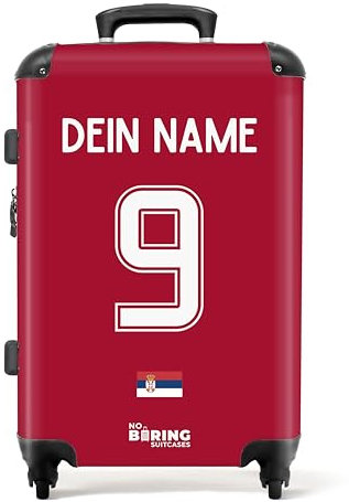 NoBoringSuitcases.com Reisekoffer Personalisiert, Koffer Groß, Hartschalenkoffer, TSA Schloss, Reisekoffer mit Rollen Groß, Koffer M (EM 2024 - Heimtrikot Serbien - Rot, 67 cm - 72 L)