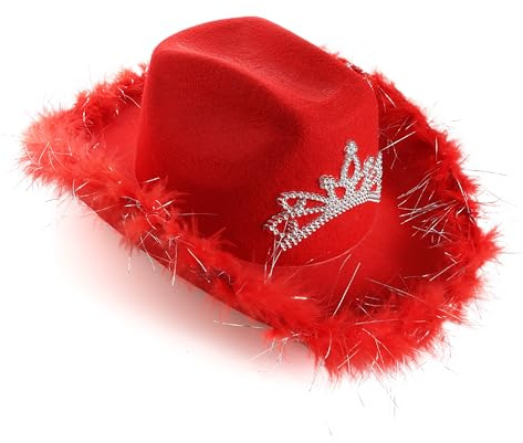 Rote Tiara Cowgirl Hüte - 1 Stück - Roter Cowgirl-Hut mit Marabubesatz und Tiara Dekoration - Erwachsene Festival Musik Verkleidung Zubehör