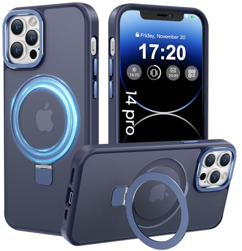 PuyaTeya Magnetic Stand for iPhone 14 pro Case, Compatible with Mag-Safe, Military Drop Protection, Anti-scratch/fingerprint Translucent Matte iPhone 14 pro Phone Case(Dark Blue)