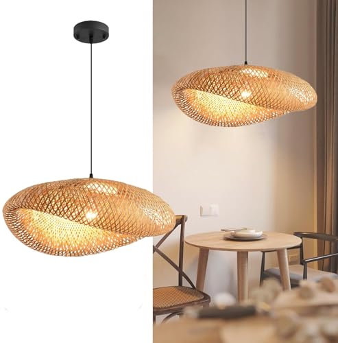 CNMKLM Suspension En Bambou Lustre Boho En Rotin Tressé À La Main Luminaire Suspendue En Osier Naturel Plafonnier Lampe De Plafond Pour Îlot De Cuisine Salle À Manger Salon Chambre À Coucher(50CM)