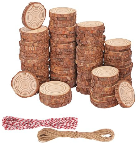 kukmakri Lot de 90 tranches de bois naturel avec trou pour travaux manuels, diamètre de 8,9 à 9,9 cm, rondelles de bois parfaites pour centres de table, décorations, et plus encore (comprend 2 cordes)