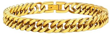 FaithHeart Herren Armband 19cm-23cm, Gold Punk Panzerarmband 8mm breit, Kubanische Kette Armband mit Faltverschluss für Freunden Sohn