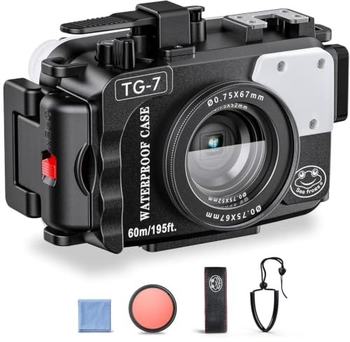 Sea frogs Camera Body Compatible with Olympus TG-7 with Red Filter, IPX8 Waterproof Rated, 60 m / 196 ft Depth Protection Underwater Camera Bag, Ideal for Diving, Surfing (Black)