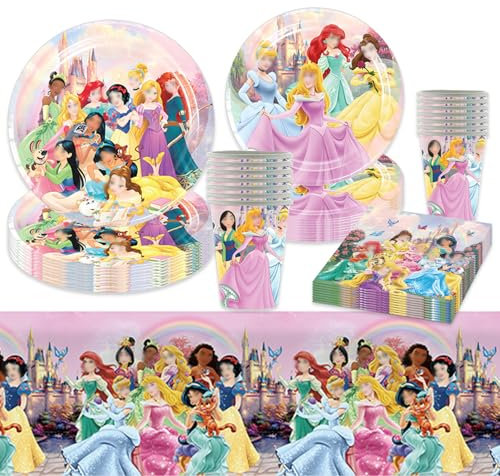 Prinzessin Pappteller Kindergeburtstag Deko Mädchen- 51Pcs Rosa Prinzessin Geburtstag Geschirr Set Prinzessin Geburtstagsdeko Partygeschirr Party Deko Tischdecke Servietten Teller und Becher 10 Gäste