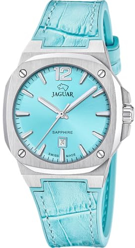 JAGUAR Swiss Made Damenuhr Analog aus Leder Blau hell | Quarzuhr, Kalender, Widerstandsfähiges Saphirglas, Wasserdicht 10 ATM, J1032/2, Swiss Made Rondcarre