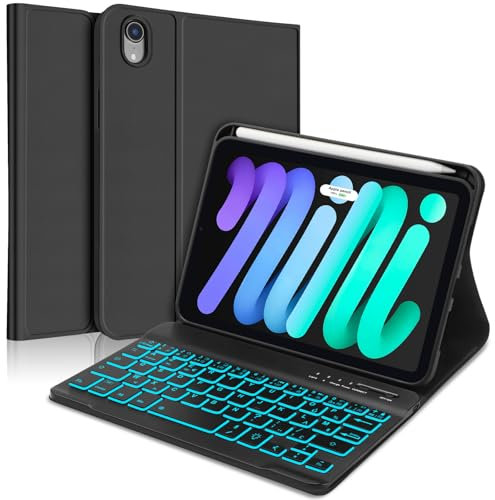 SENGBIRCH Coque Clavier pour iPad Mini 7 (A17Pro) 8.3 2024 - AZERTY Français 7 Couleur Rétro-éclairé Clavier Détachable sans Fil Bluetooth, Étui Clavier pour pour iPad Mini 7 8.3 Pouces 2024, Noir