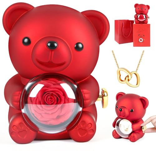 Orsetto Rosa Eterna con Collana a Forma di Cuore, Orsacchiotto con Scatola per Gioielli Nascosta, Confezione Regalo Orso di Rose Stabilizzate per Donna, San Valentino, Festa della Mamma, Natale