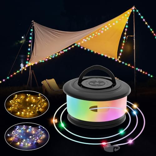 10 m Camping Lichterkette Aufrollbar, Musik Sync Farbwechsel RGB Outdoor Campinglampe with 19 Beleuchtungsmodi, USB Aufladung, 2-in-1 Tragbare LED Camping Licht für Camping, Hof und Wohnmobil Deko