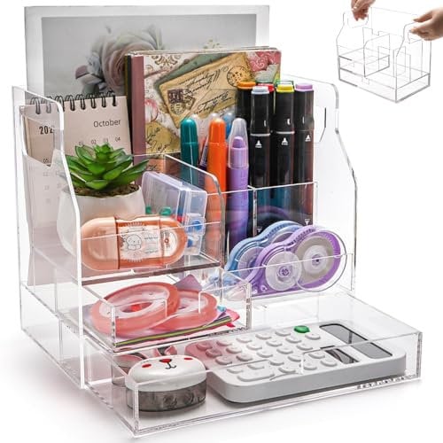 Cididu Schreibtisch-Organizer aus Acryl mit 2 Schubladen, transparenter Büro-Schubladen-Organizer mit Griff, Stifthalter, Aufbewahrung, Schreibtischzubehör, 7 Fächer für Zuhause, Make-up