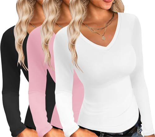 Ekouaer Womens 3 Pack Long Sleeve Shirts Sexy V Neck Tee Slim fit Tops Stretch Fitted Thermal Undershirt Layer Black + Pink + White XXL