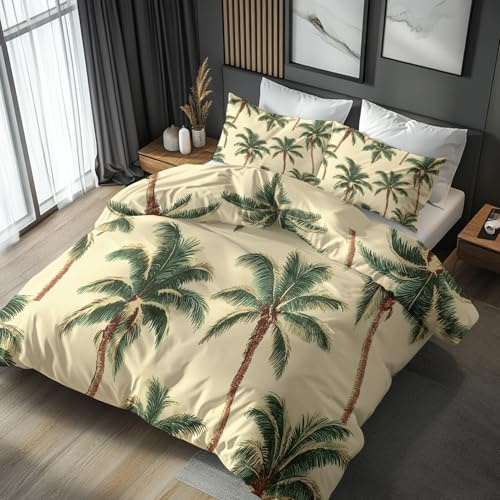 NOGAWA Palm Trees King Size Duvet Cover Sets - Tropical Bedding Set - Reversible Quilt Cover & 2 Pillowcases with Zip and Ties, Ultra Soft and Non Iron Brushed Microfibre Bed Set 230x220