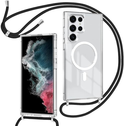 ZYIMOU Coque pour Samsung Galaxy S22 Ultra 5G avec Cordon Compatible avec MagSafe, Housse Magnétique Transparente Étui avec Collier Réglable Résistant Silicone Case, Chaîne Noir