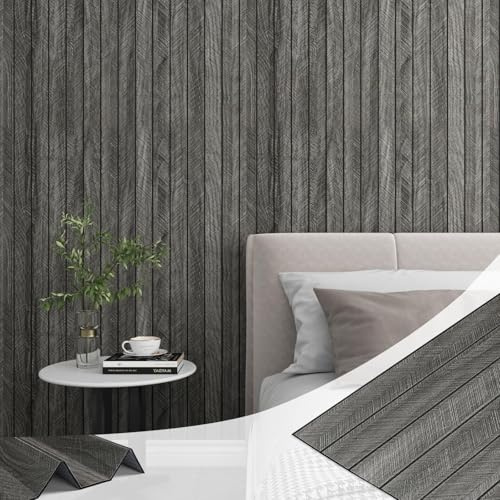 LaCheery Panneau Mural Effet Bois 3D Gris Foncé 60cm x 300Cm Panneau Mural Decoratif Salon Stickers PVC Imperméable Revetement Mur Tasseau Bois Gris Vintage Papier Peint Autocollant Salle de Bains